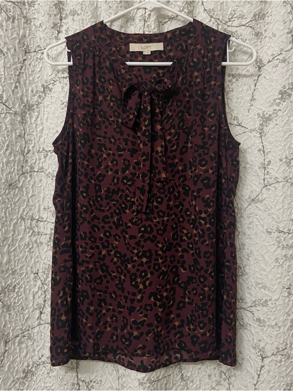 LOFT Burgundy and Black Leopard Tie-Neck Sleeveless Top Size Small
